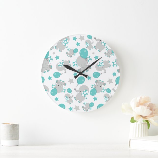 Elefantenmuster, Niedliche Elefanten - Blau grau Große Wanduhr (Zuhause)