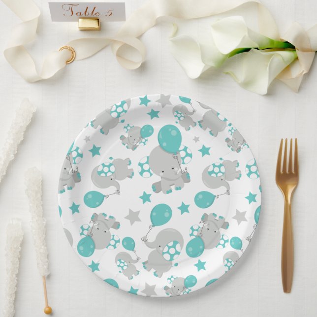 Elefantenmuster, Niedliche Elefanten - Blau grau Pappteller (Hochzeit)