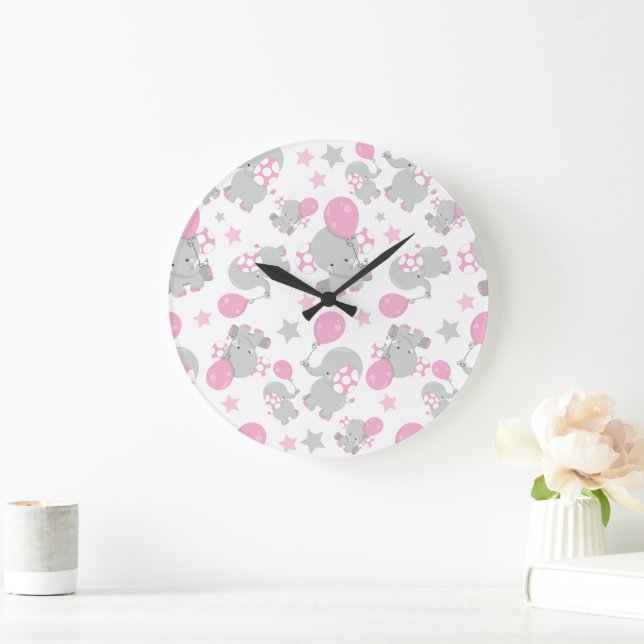 Elefantenmuster, Niedliche Elefanten - rosa grau Große Wanduhr (Zuhause)