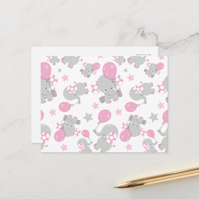 Elefantenmuster, Niedliche Elefanten - rosa grau Postkarte (Vorderseite/Rückseite Beispiel)