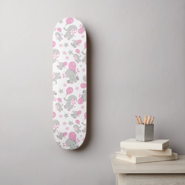 Elefantenmuster, Niedliche Elefanten - rosa grau Skateboard (Wandkunst)