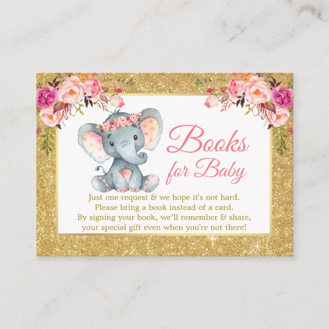 Elefantenrosa Blumenbücher für Babydusche Glitzer Begleitkarte (Vorderseite)