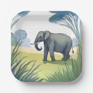 Elefantensafari Schöne Natur Aquarell Pappteller
