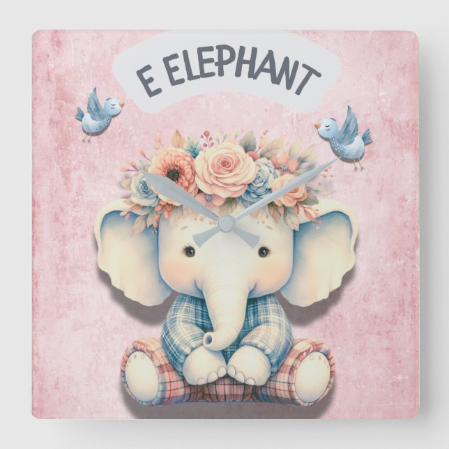Elefantenthematik: Adorable Décor Wall Clock Quadratische Wanduhr (Vorderseite)
