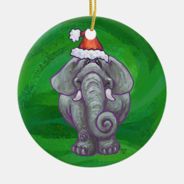 Elefantenweihnacht auf Grün Keramik Ornament (Vorne)