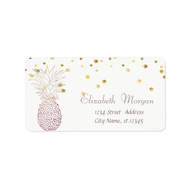 Elegan Ananas White, Fux Gold Foil Confetti Adressaufkleber (Vorne)