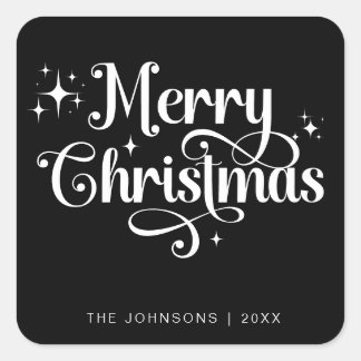 Elegan Black Merry Weihnachts Retro Script Custom Quadratischer Aufkleber