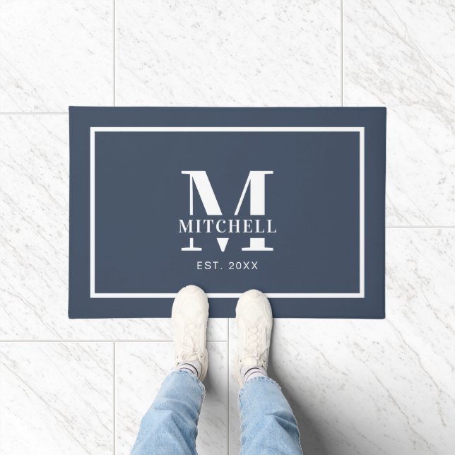 Elegan Mit Monogramm Navy Blue Custom Family Name Fußmatte (Indoor)