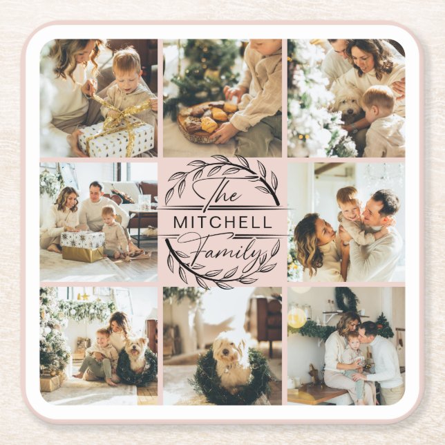 Elegan Modern Blush Pink Monogram Family Foto Rechteckiger Pappuntersetzer (Vorderseite)
