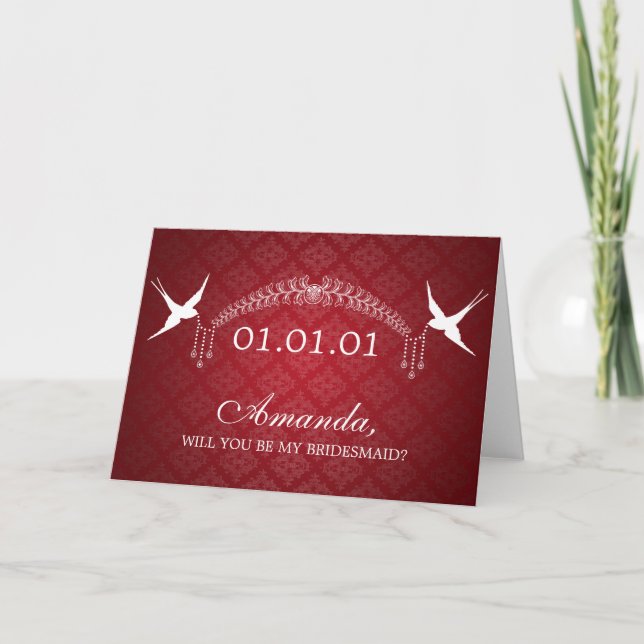 Eleganbe Be My Bridesmaid Birds & Diamonds Red Einladung (Vorderseite)