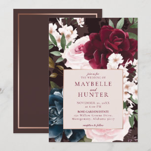 EleganBold Burgundy & Navy Wassercolor Florals Einladung