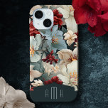 EleganBold Floral mit Custom Monogram Case-Mate iPhone Hülle<br><div class="desc">Elegante exotische rubinrote,  staubblaue und cremefarbene Farbe auf dunkelblauem Hintergrund mit einem aquamarinen Label-Element für Ihren Namen oder Ihr Monogramm. Die Farbe des Etiketts kann mit dem Farbwähler-Tool im Bearbeitungsfenster angepasst werden.</div>