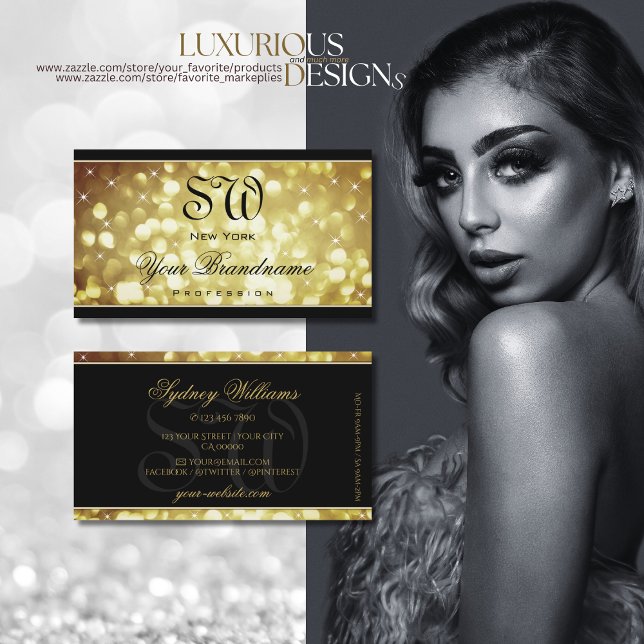 Eleganbraun Gold Glitzer Stars Monogram Black Visitenkarte (Von Creator hochgeladen)