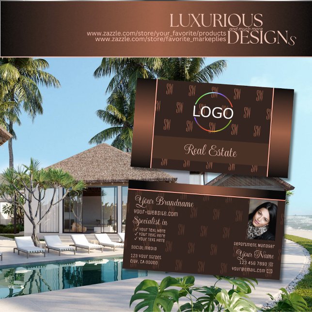 Eleganbraun mit Logo-Foto und Monogramm-Muster Visitenkarte (Von Creator hochgeladen)