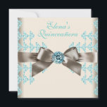 Eleganbraun und Aquamarin Blue Quinceanera Einladung<br><div class="desc">Elegantes beige Elfenbein und aquamarine blaue Diamanten verbeugen aquamarin blaues Quinceanera Geburtstagsgeschenk-Einladung. Fügen Sie Ihre Daten an die Vorderseite und Rückseite dieser braunen und aquamarinen blauen Party Einladung, indem Sie einfach den Knopf "Anpassen!" wählen, um Ihre Veranstaltungsdetails, den Stil des Schriftartes, die Größe und Farbe des Schriftartes und den Wortlaut...</div>
