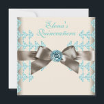 Eleganbraun und Aquamarin Blue Quinceanera Einladung<br><div class="desc">Elegantes beige Elfenbein und aquamarine blaue Diamanten verbeugen aquamarin blaues Quinceanera Geburtstagsgeschenk-Einladung. Fügen Sie Ihre Daten an die Vorderseite und Rückseite dieser braunen und aquamarinen blauen Party Einladung, indem Sie einfach den Knopf "Anpassen!" wählen, um Ihre Veranstaltungsdetails, den Stil des Schriftartes, die Größe und Farbe des Schriftartes und den Wortlaut...</div>