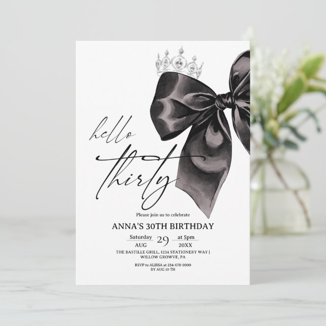 Elegance Black Bow 30th Birthday Einladung (Stehend Vorderseite)