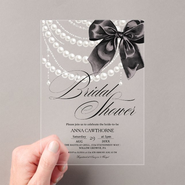  Elegance Black Bow Pearls Bridal Shower Acrylic Acryleinladungen (Insitu (Handheld))