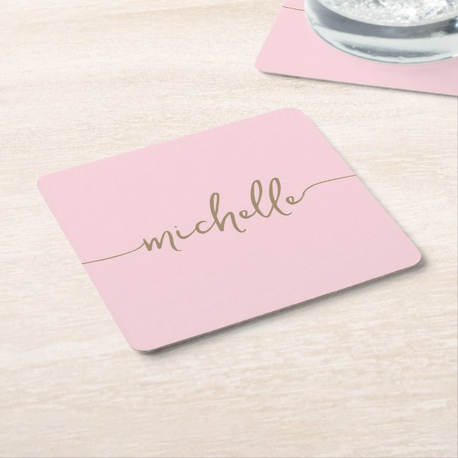 Elegance Blush Pink Gold Monogram Script Signature Rechteckiger Pappuntersetzer (angewinkelt)