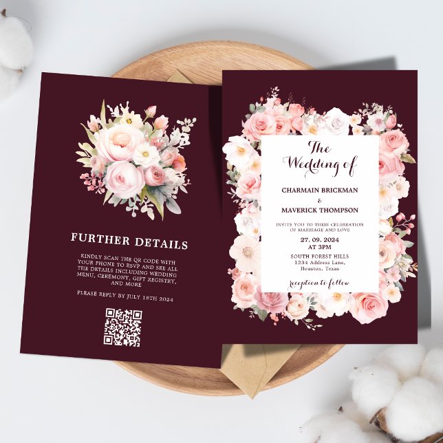 Elegance Burgundy Floral Pink Qr Code Hochzeit Einladung (Von Creator hochgeladen)