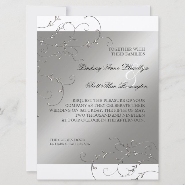 Elégance Cravate Noire, Invitations Mariage Argent (Devant)