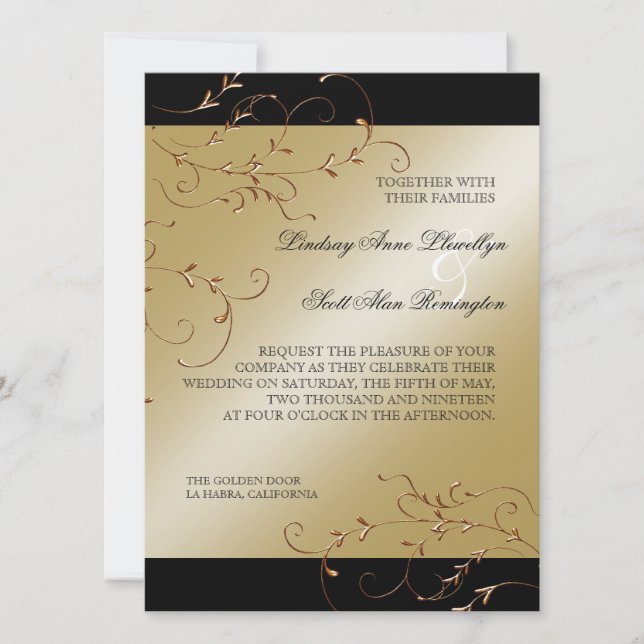 Elégance Cravate Noire, Invitations Mariage Doré (Devant)