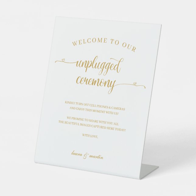 Elegance Gold Heart Script Unplugged Zeremonie Sockelschild (Vorderseite)