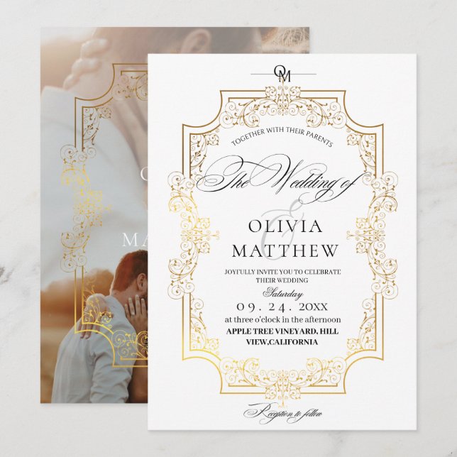 Elegance Gold & White Foto Hochzeit Einladung (Vorne/Hinten)