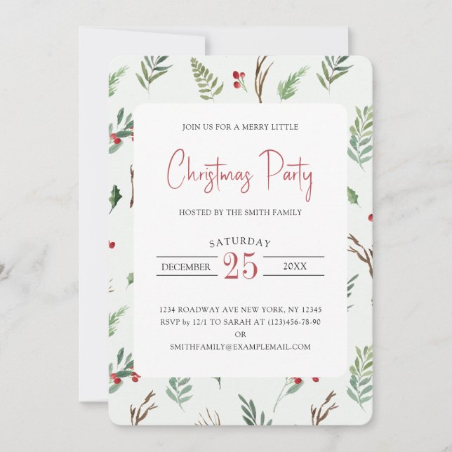 Elegance Holly Berries Weihnachts-Party Einladung (Vorderseite)