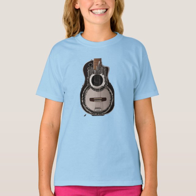 "Elegance in Ebony: Black Gitar Print T - Shirt" T-Shirt (Vorderseite)