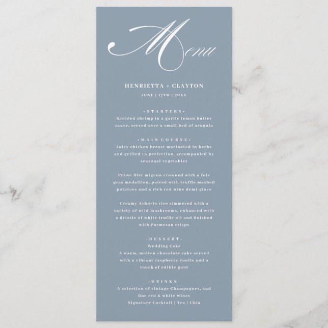 Elegance intemporelle Dusty Blue Mariage Menu (Devant)