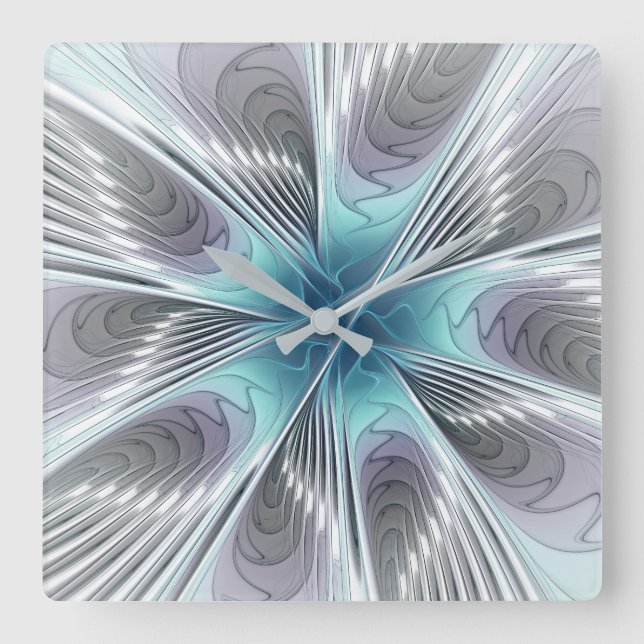 Elegance Modern Blue Gray White Fractal Art Flower Quadratische Wanduhr (Vorderseite)