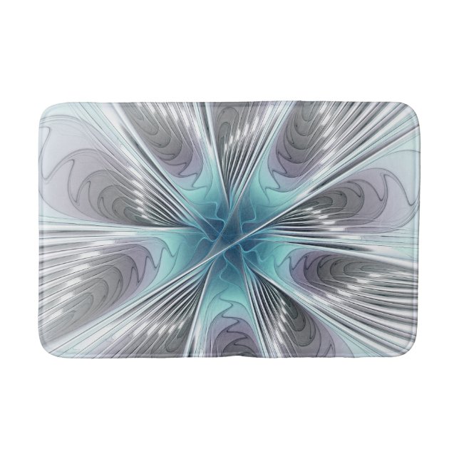 Elegance Modernes Blue Grau Weiß Fraktal Blume Badematte (Vorderseite)