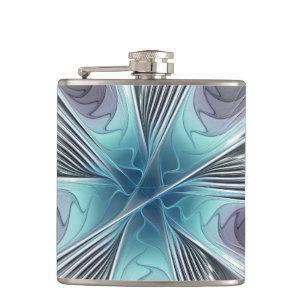 Elegance Modernes Blue Grau Weiß Fraktal Blume Flachmann