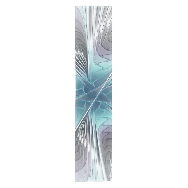 Elegance Modernes Blue Grau Weiß Fraktal Blume Kurzer Tischläufer (Vorderseite)