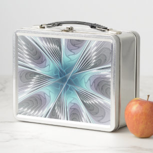 Elegance Modernes Blue Grau Weiß Fraktal Blume Metall Brotdose