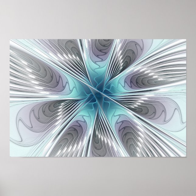 Elegance Modernes Blue Grau Weiß Fraktal Blume Poster (Vorne)