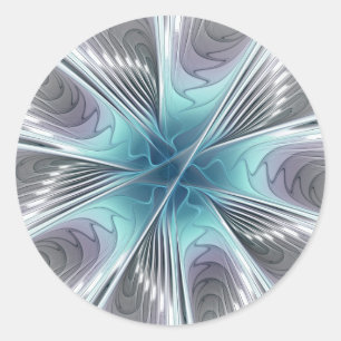 Elegance Modernes Blue Grau Weiß Fraktal Blume Runder Aufkleber