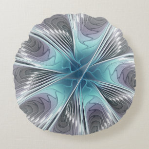 Elegance Modernes Blue Grau Weiß Fraktal Blume Rundes Kissen