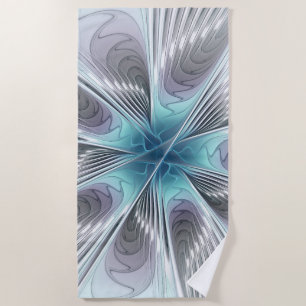 Elegance Modernes Blue Grau Weiß Fraktal Blume Strandtuch