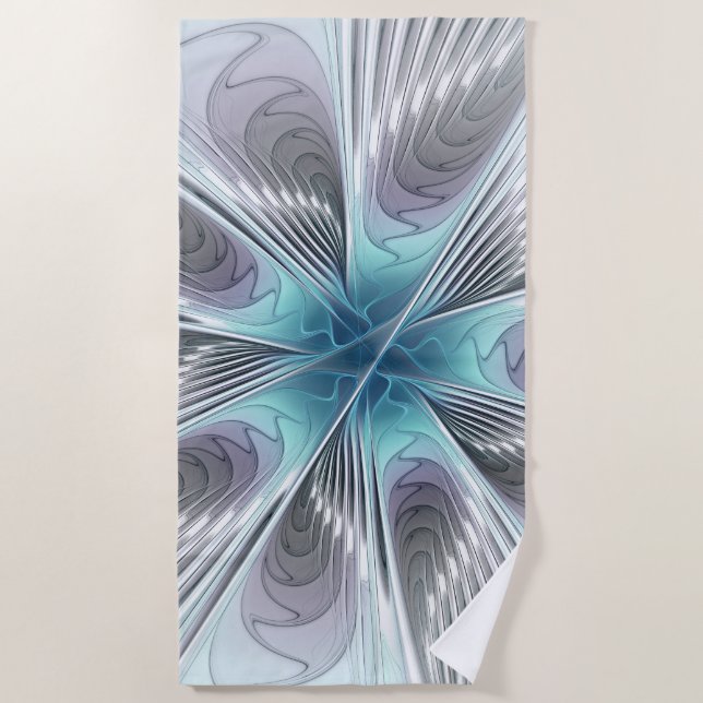 Elegance Modernes Blue Grau Weiß Fraktal Blume Strandtuch (Vorderseite)