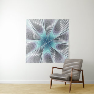 Elegance Modernes Blue Grau Weiß Fraktal Blume Wandteppich