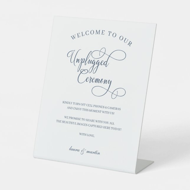 Elegance Navy Blue Script Unplugged Zeremonie Sockelschild (Vorderseite)