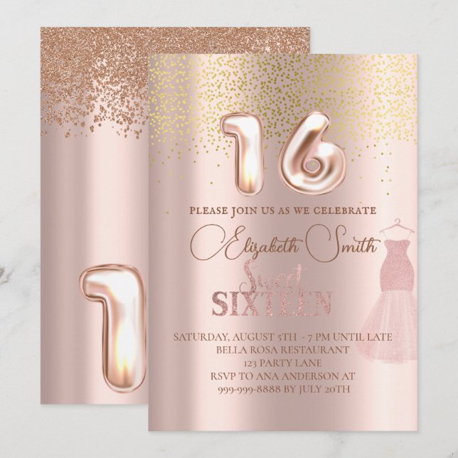 Elégance or rose, invitation sweet sixteen (Devant / Derrière)
