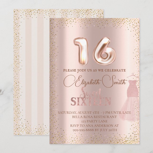Elégance or rose, invitation sweet sixteen (Devant / Derrière)