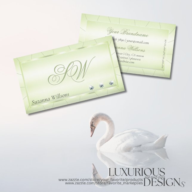 Elegance Pastel Green mit Diamonds und Monogram Visitenkarte (Von Creator hochgeladen)