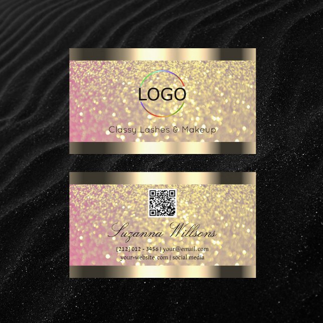 Elegance Pink Lilac Gold Glitzer Logo und QR Code Visitenkarte (Von Creator hochgeladen)