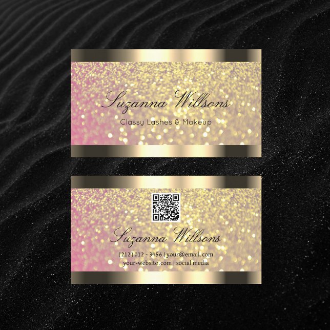 Elegance Rosa Golden Glitzer Gold Border QR Code Visitenkarte (Von Creator hochgeladen)