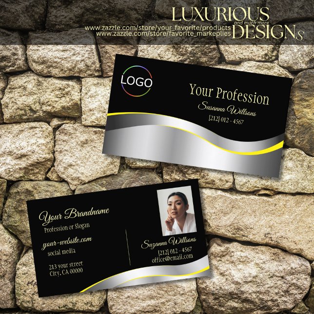 Elegance Schwarz-Weiß-Silber-Dekoration mit Logo-F Visitenkarte (Von Creator hochgeladen)