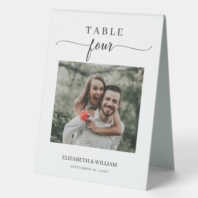 Elegance Script Foto Hochzeit Tischnummer Vier Tischaufsteller (Vorderseite)